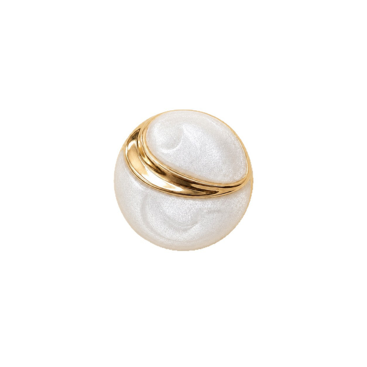 Round metal shank button with white embossed face and gold double-ring stripe