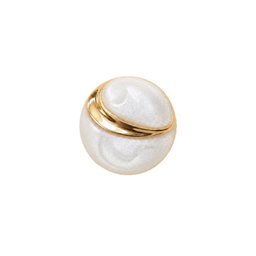 Round metal shank button with white embossed face and gold double-ring stripe