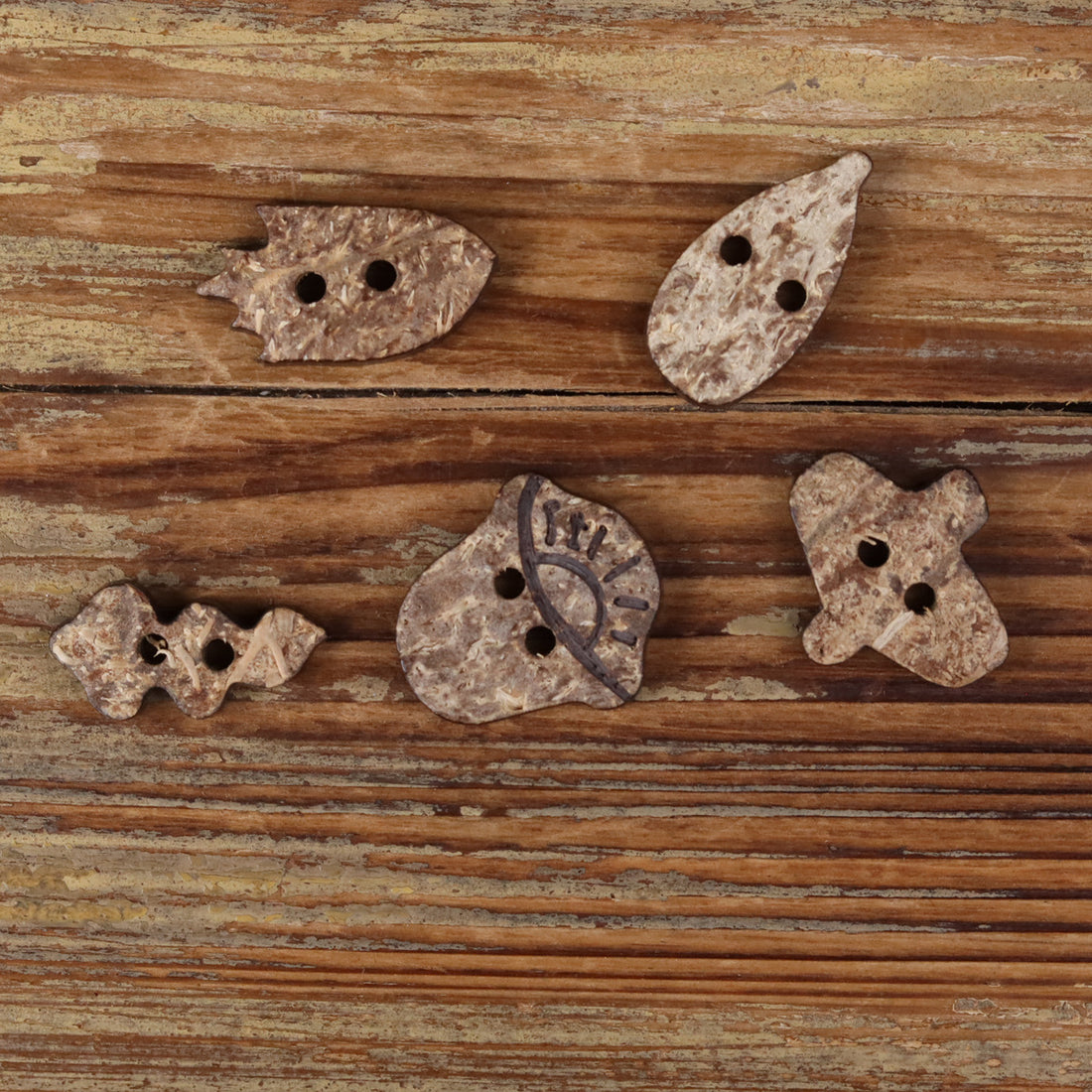 Natural Coconut Shell Novelty Shaped Buttons – Set of 30 (5 Whimsical Designs)