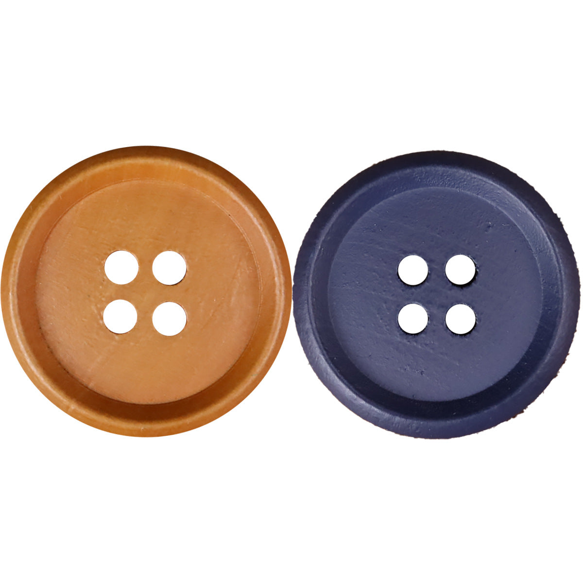 Blue-purple round wood button with four holes and thin rim