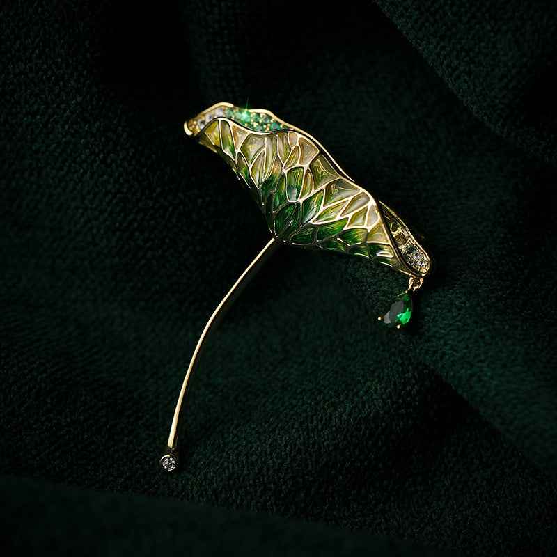 Gold Green Enamel Lotus Leaf Waterdrop Zircon Brooch Pin