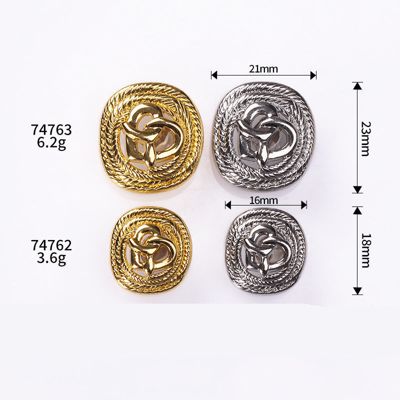 Gold and silver rope-edge hollow heart metal shank buttons with size view