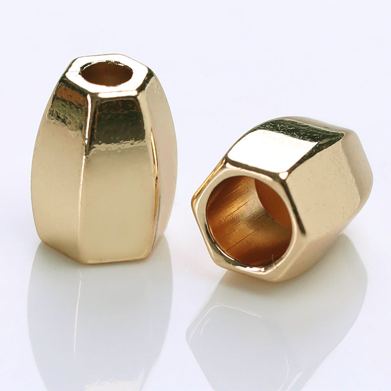 Gold diamond-shape cord lock stopper, faceted metal, open eyelet, 12.5x10mm