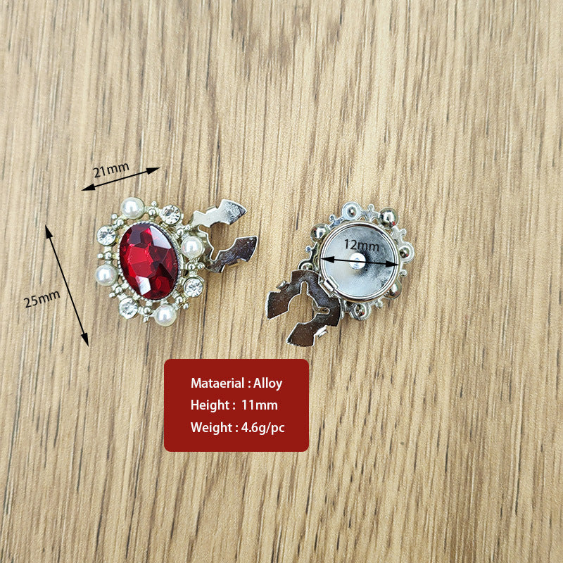 Baroque rhinestone snap-on button, red oval faceted stone with pearl and crystal trim