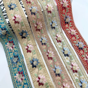 Ethnic sequin embroidered ribbon trim, turquoise and gold with floral motifs