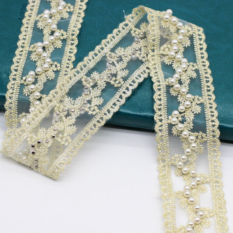 Gold Beaded Organza Embroidered Lace Trim 15 Yards Ribbons