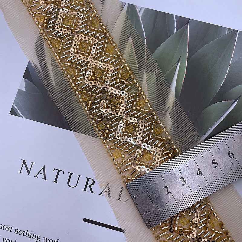 Luxurious 3.5cm Gold Mesh Beaded Sequin Lace Trim – 5 Yards
