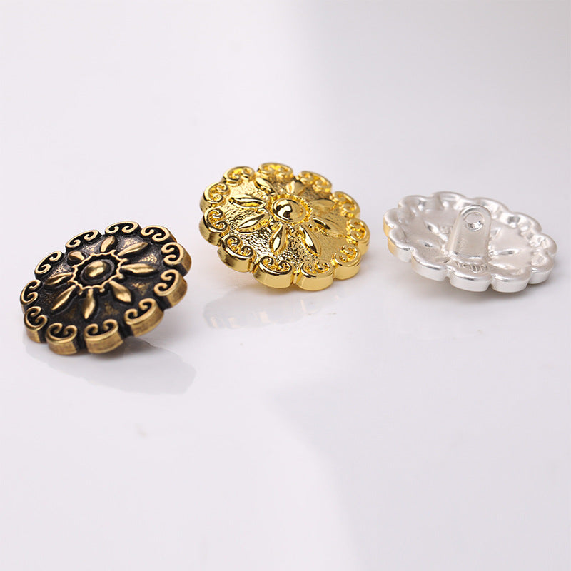 Antique gold and frosted silver domed floral metal shank buttons, round set