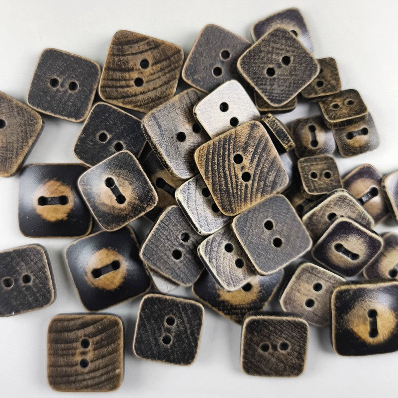 Coffee Brown Natural Wood Square 2-Hole Vintage Distressed Buttons 30pcs