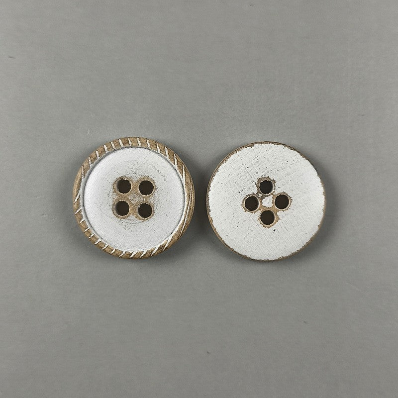 White Wood Vintage Distressed Round Flat 4-Hole Buttons – Set of 40