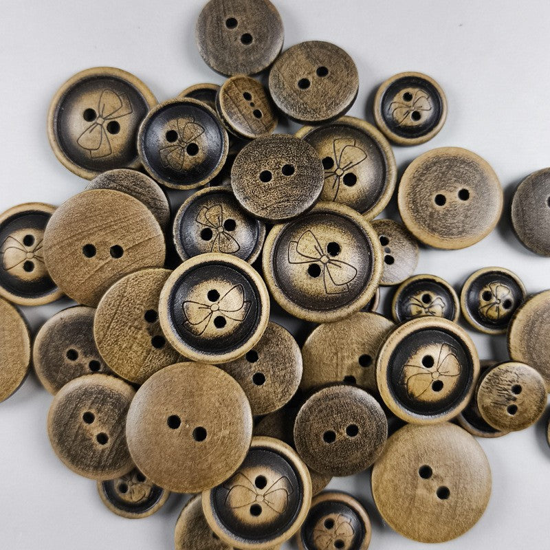 Vintage Wood Butterfly Pattern Buttons – Flat Round 2-Hole 30pcs