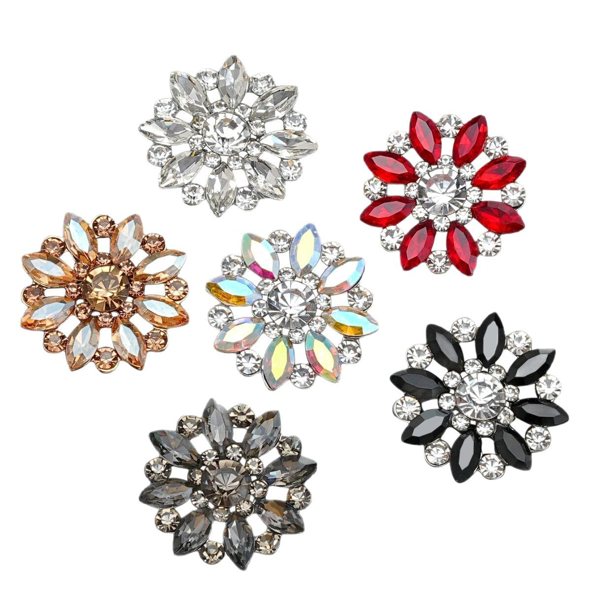 Crystal Flower Rhinestone Zinc Alloy + Glass Shank Buttons 6 Pack