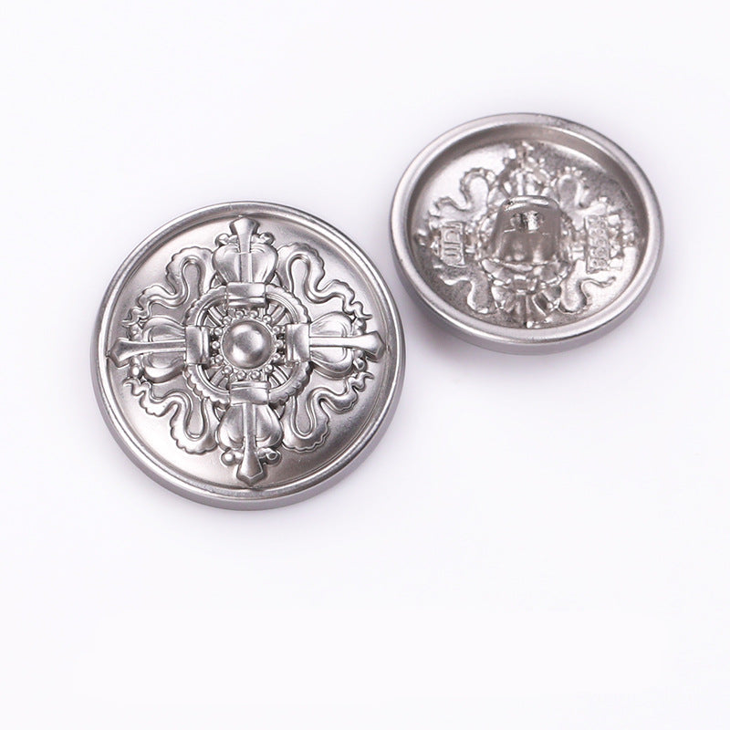 Silver crown emblem round metal shank buttons, two fronts with central bead