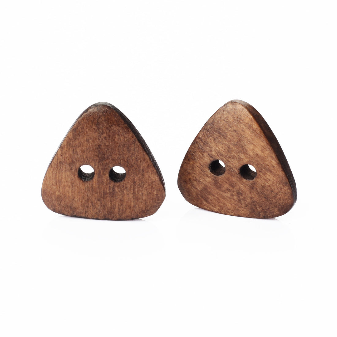 Brown triangular wooden buttons with two holes for baby cardigans, pair view