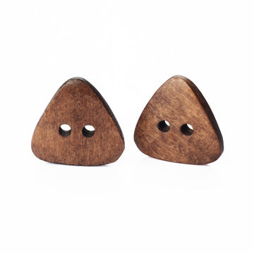 Brown triangular wooden buttons with two holes for baby cardigans, pair view