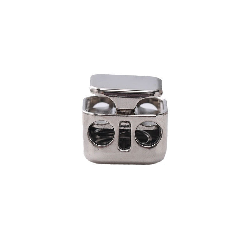 Square two-hole metal spring cord lock, cylindrical, silver tone