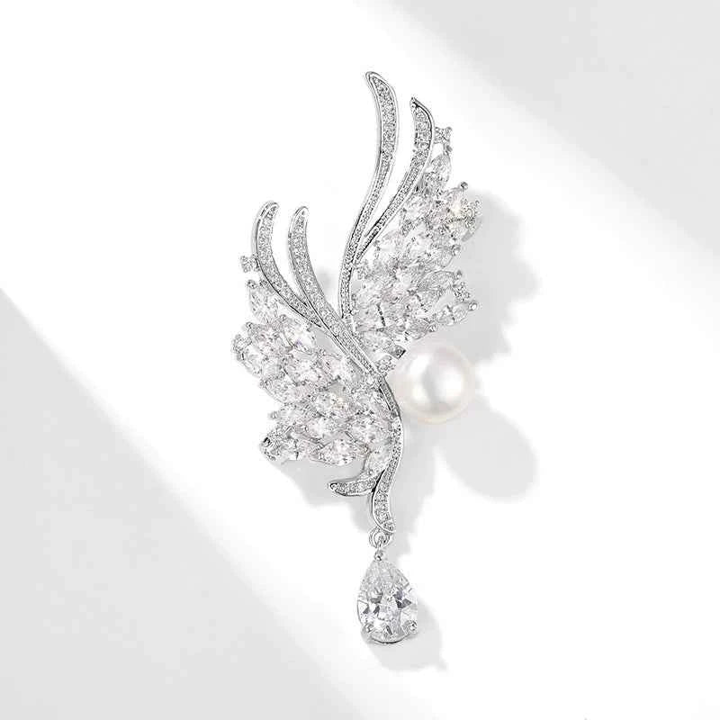 Natural Pearl Zircon Silver Wing Metal Brooch Pin