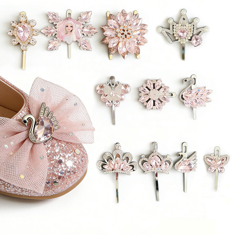 Pink princess shoe buckles: flower rhinestone clips, assorted 11-pack