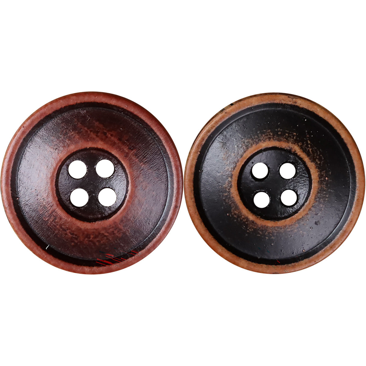 Natural Wood Round 4-Hole Double-Ring Fine-Rim Buttons – Red & Black – Set of 40