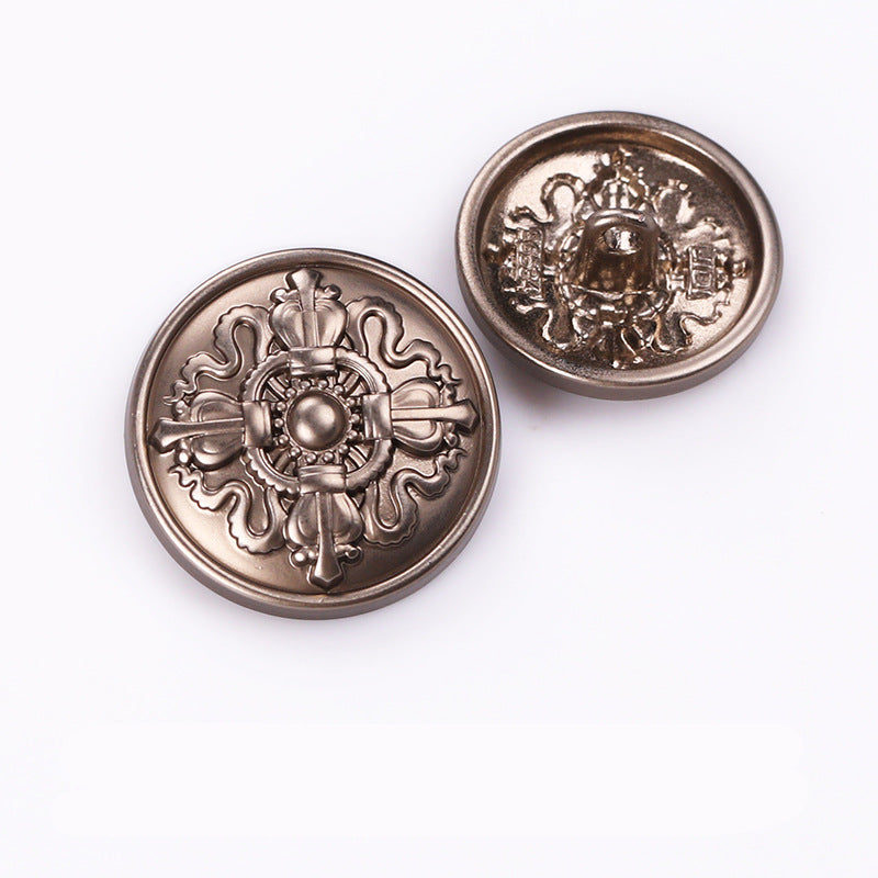 Two tea-tone crown emblem round metal shank buttons, front views in pair