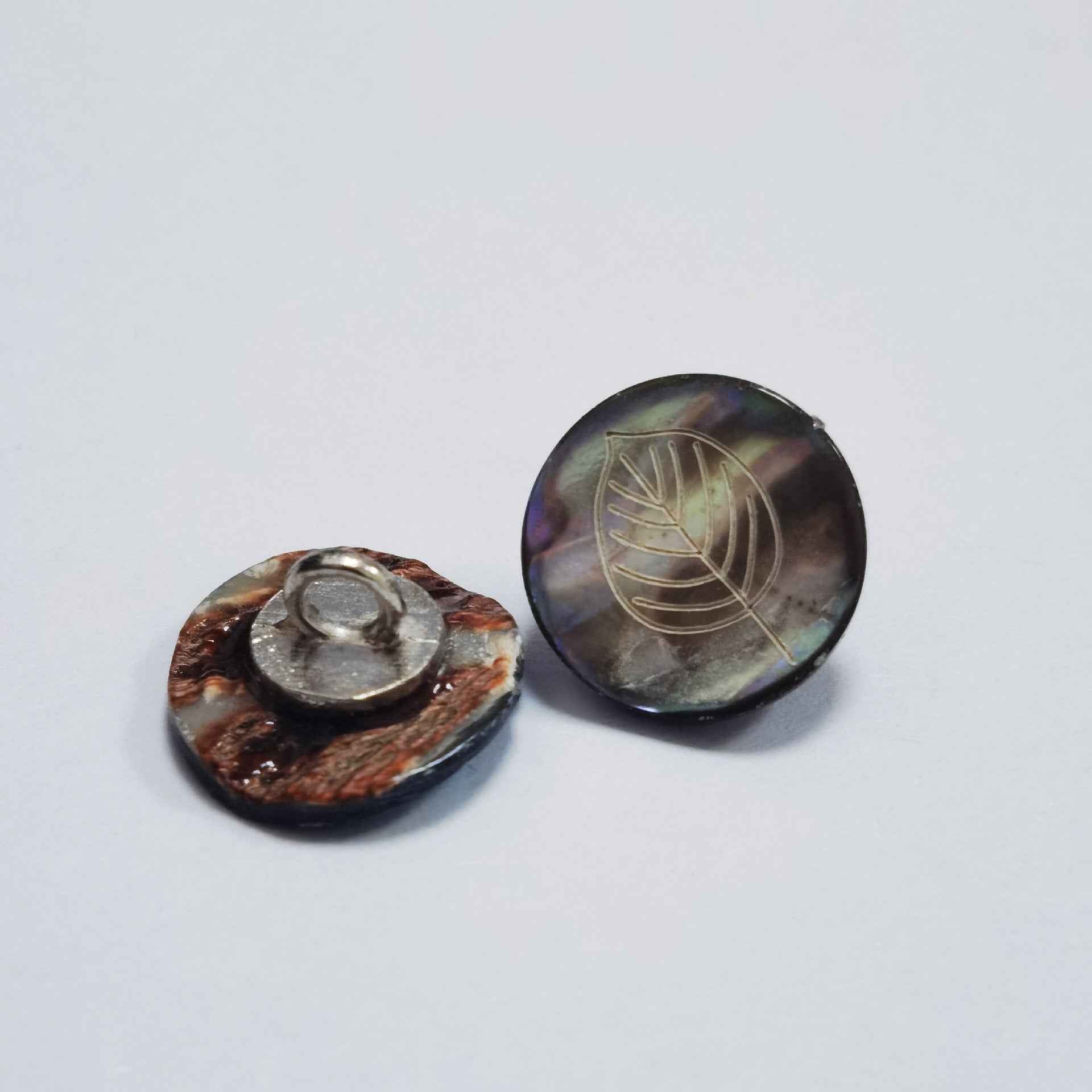 20L Flat Leaf-Pattern Abalone Shell Buttons with Metal Shank 100 Pack