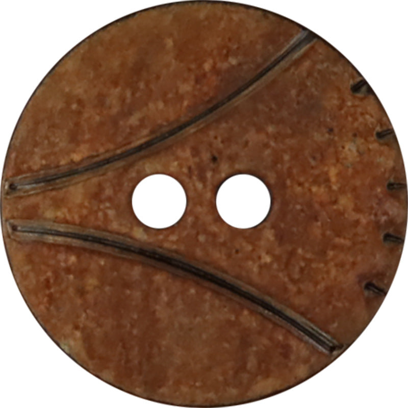 Round 2-hole horn button with scorched finish, two holes and dark curved grooves