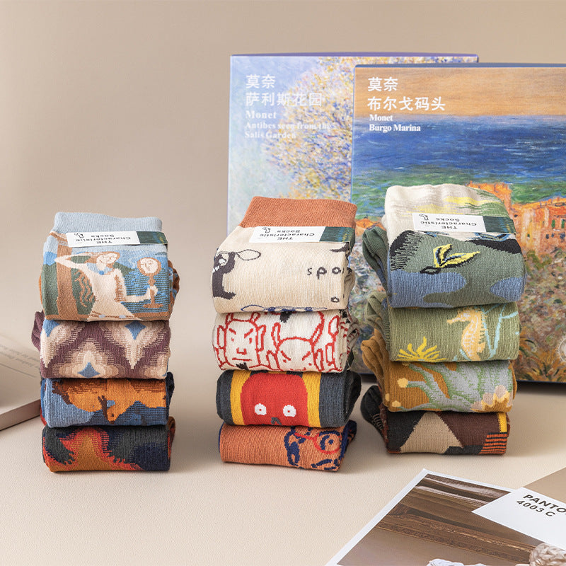 Monet Series Oil Painting Cotton Socks – 4-Pack for Women