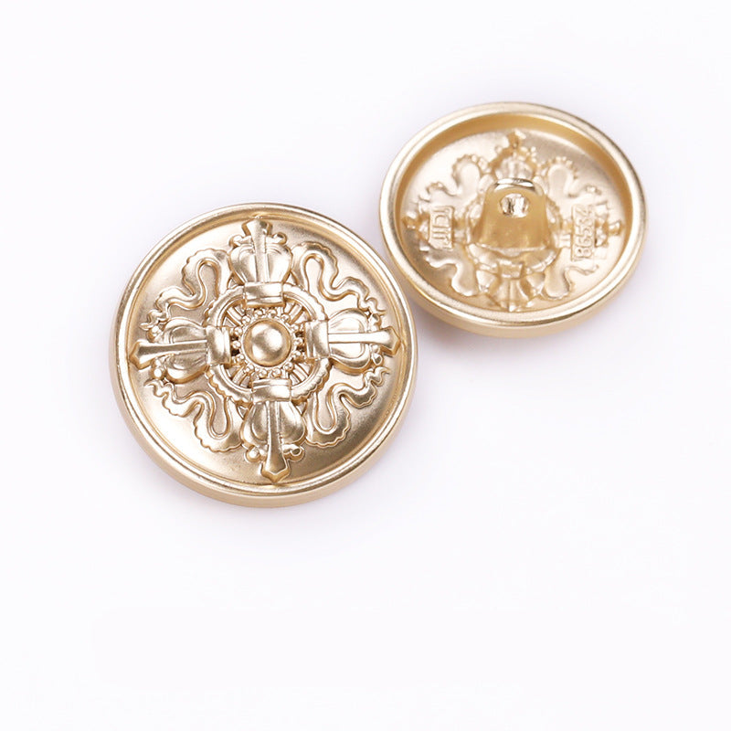 Gold crown emblem round metal shank buttons, two fronts with central bead