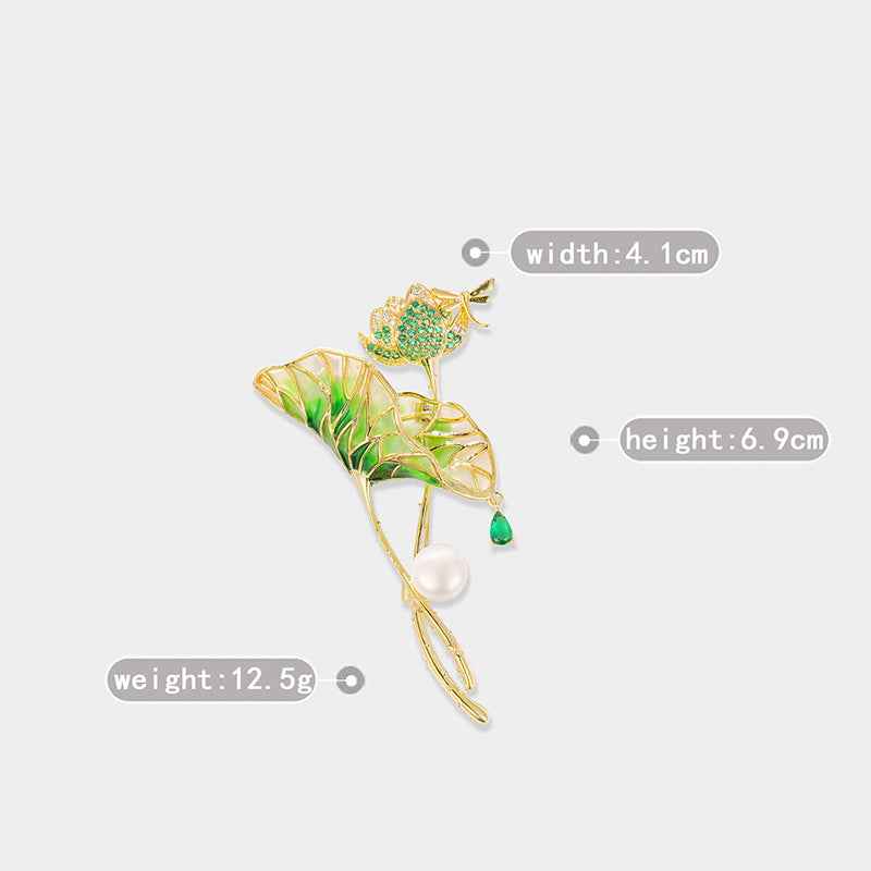 Light Green Enamel Lotus Leaf Pearl Waterdrop Zircon Brooch Pin