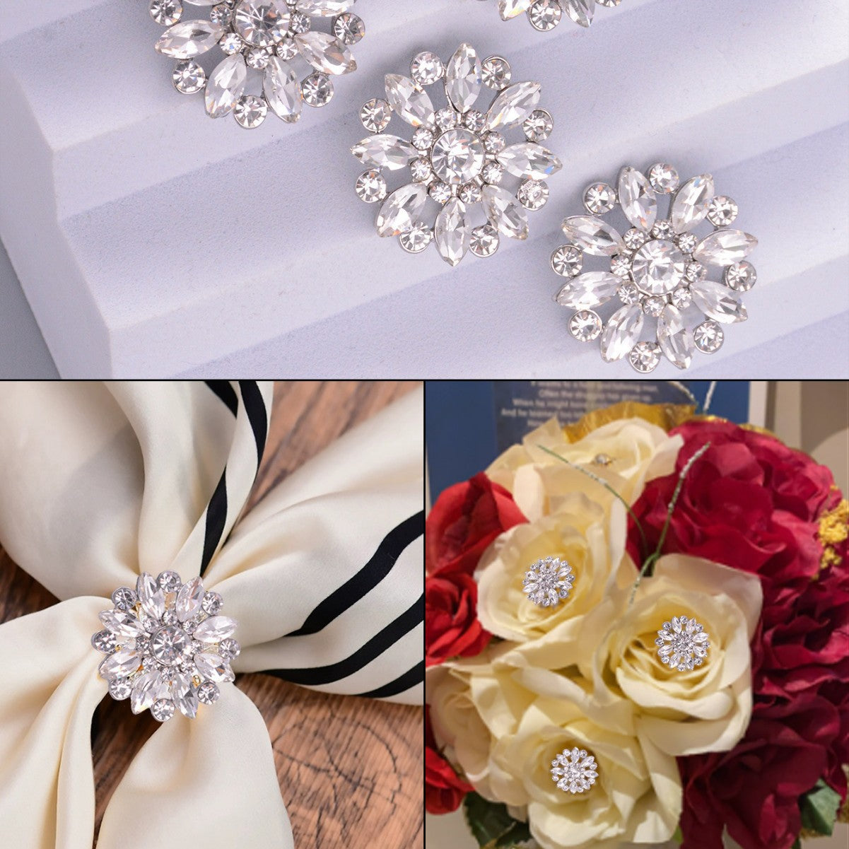 Crystal Flower Rhinestone Zinc Alloy + Glass Shank Buttons 6 Pack