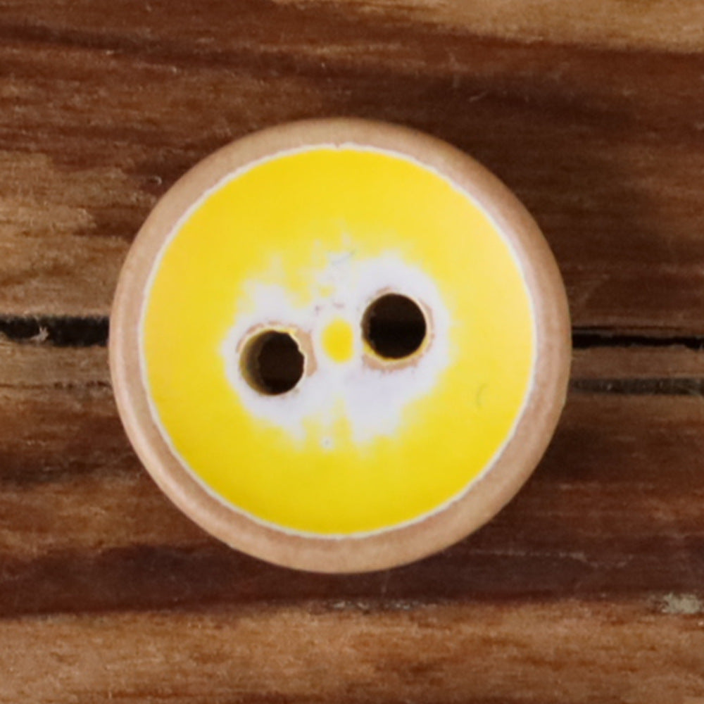 Round iridescent wood button, dark gray metallic sheen, two holes
