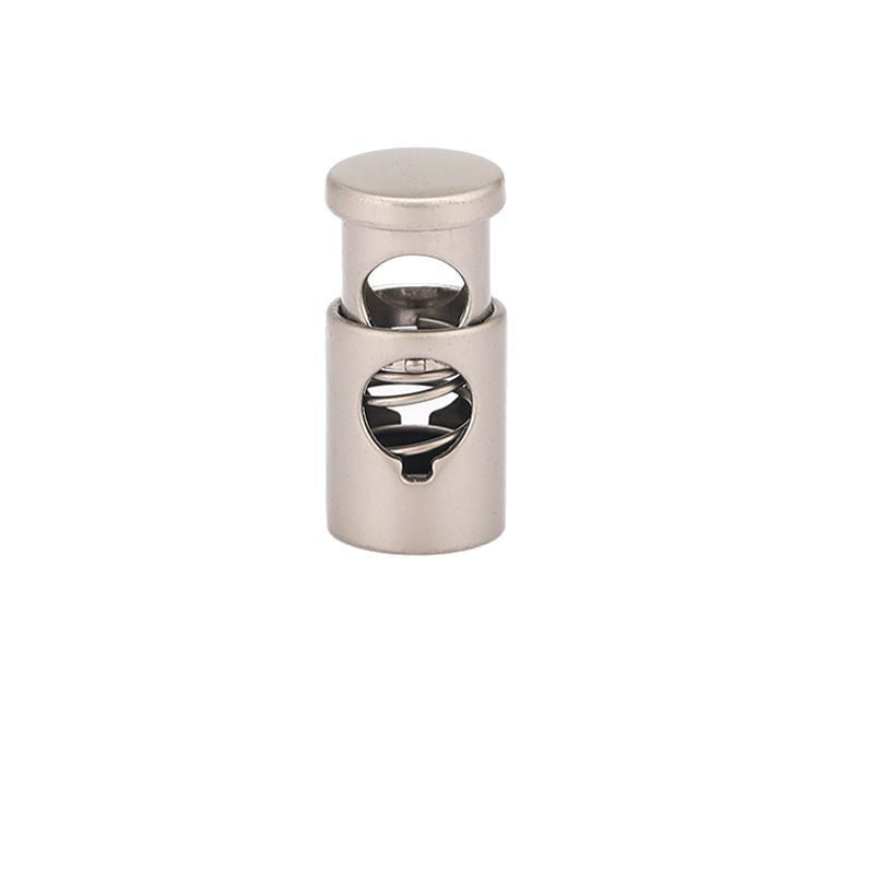 Flat cylinder metal spring cord stopper with single hole, silver-tone.