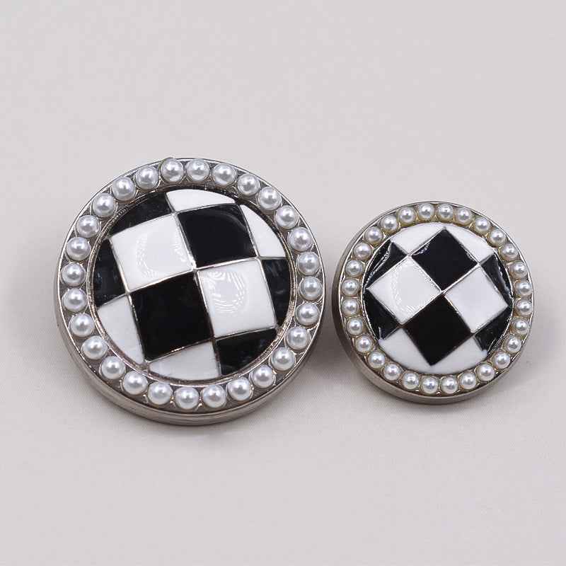 Round Black White Checkered Oil-Dripping Metal Shank Buttons 12 Pack