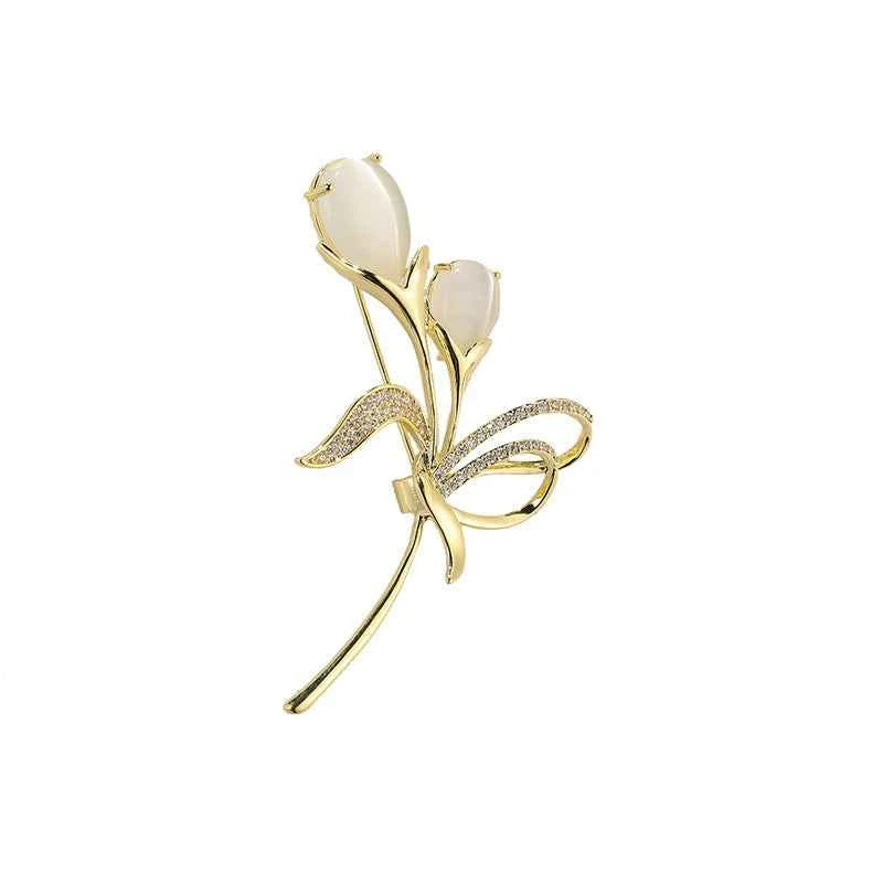 Copper Zircon Tulip Cat’s Eye Stone Brooch Pin