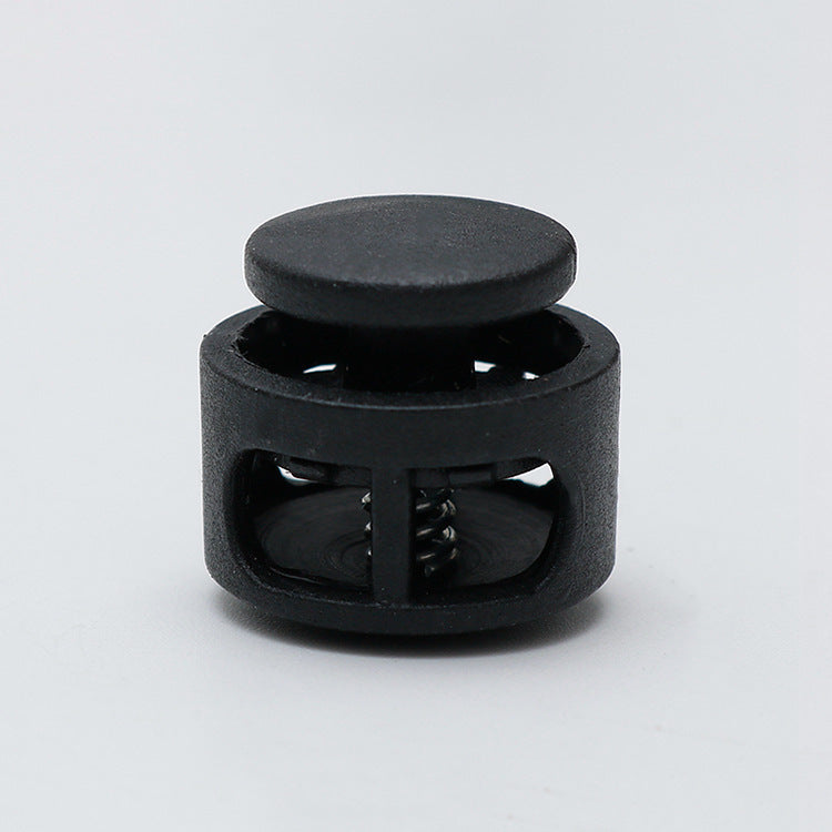 Plastic cord lock toggle with spring, black cap and black housing