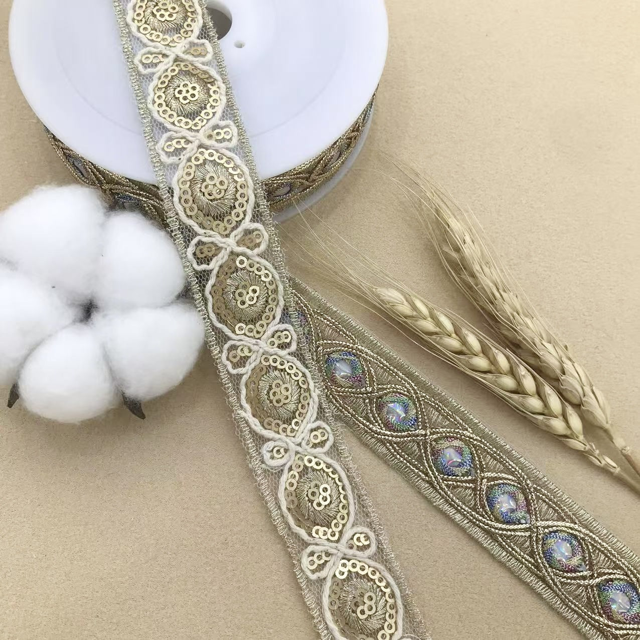Gold mirror embroidered ribbon trim, 2.3cm, white lace edging and blue mirror details