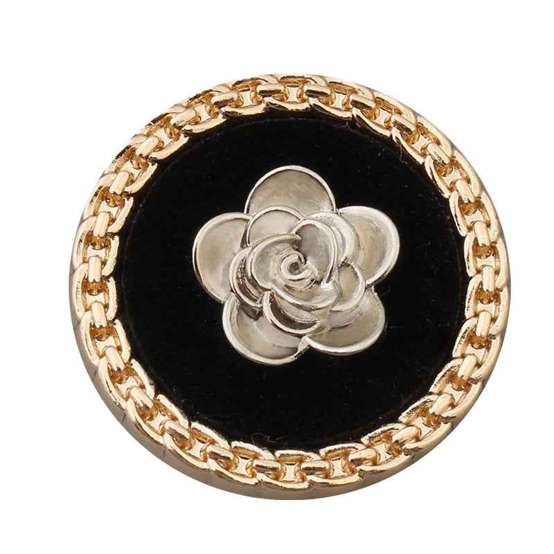 Round Black Faced Flower Decorated Gold Metal Shank Buttons 12pcs