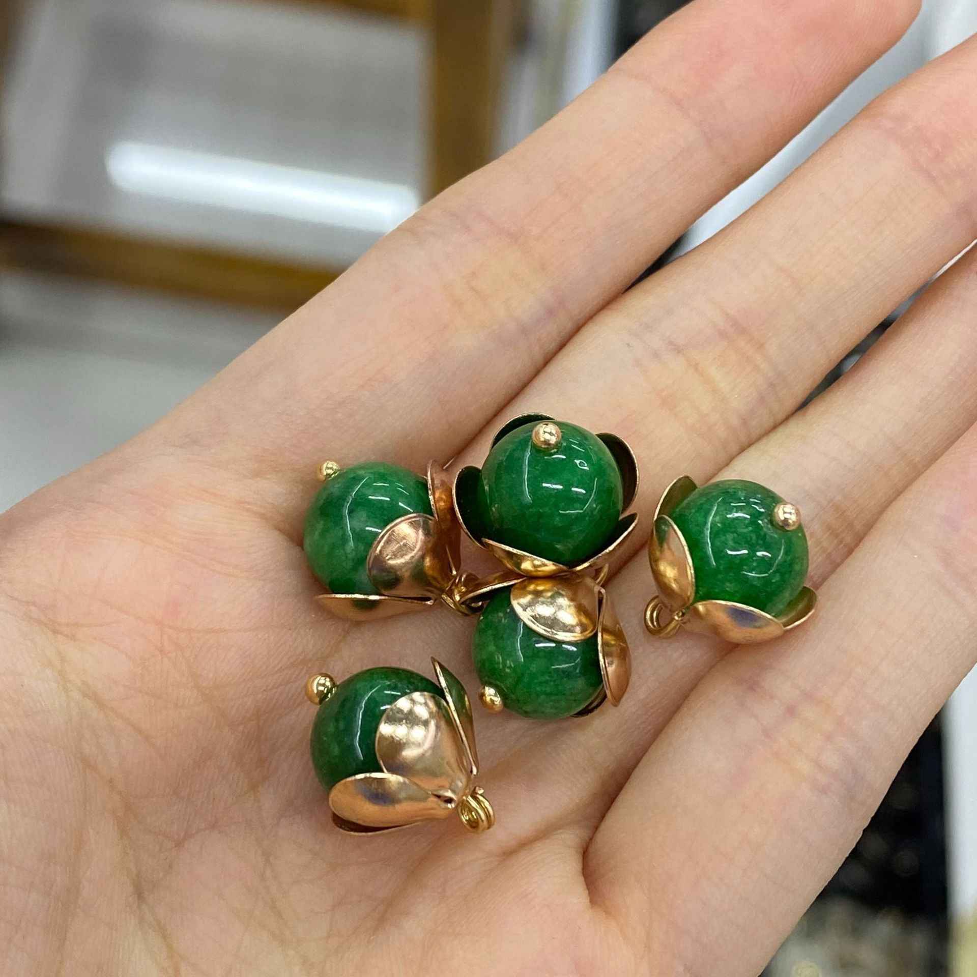 12mm Chinese Qipao Green Jade Stone Metal Floral Base Buttons 20pcs
