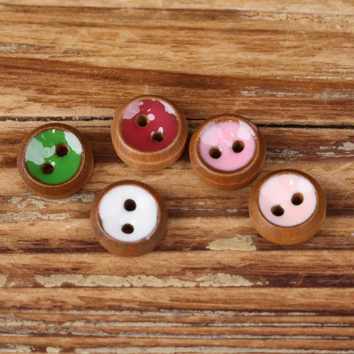 10mm Natural Wood Oil-Drop Round 2-Hole Shirt Buttons – Set of 50 | 5 Colors × 10pcs