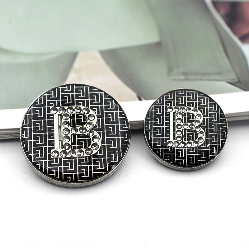18/23mm Black Round BDMV Letter Rhinestone Metal Shank Buttons 12pcs