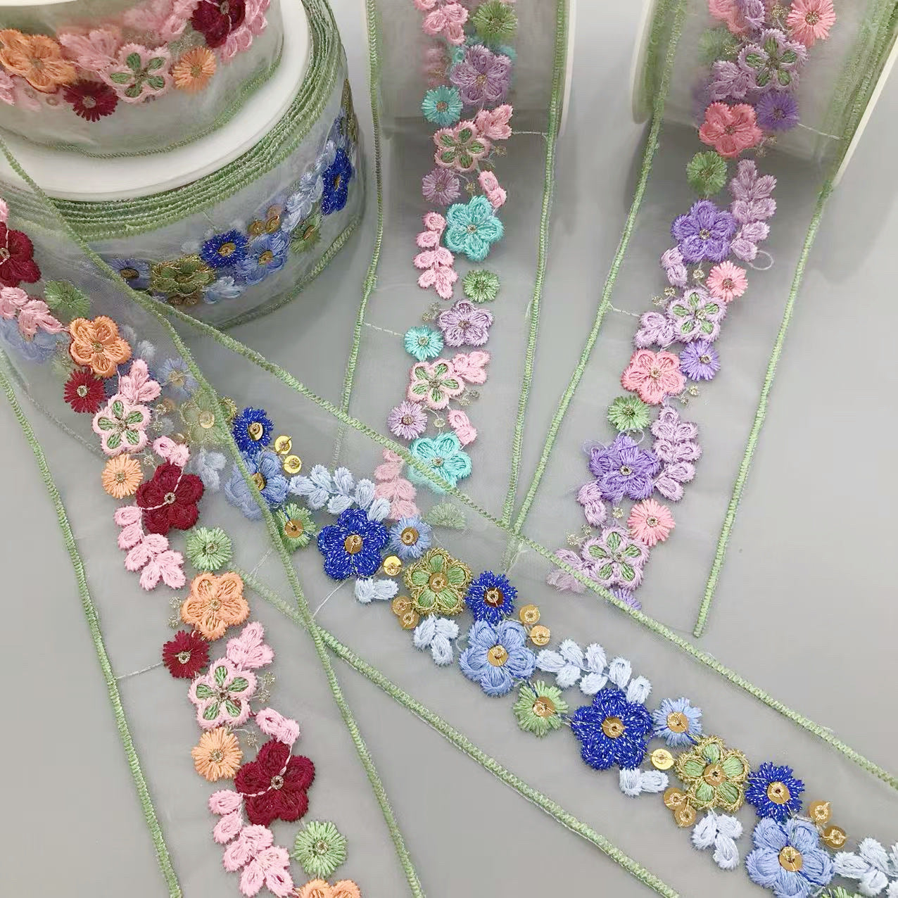 5cm Colorful Floral Sequin Organza Embroidered Lace Trim 10 Yards