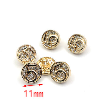 11mm Gull Rundt Nummer 5 Rhinestone Metall Shank Knapper 20stk