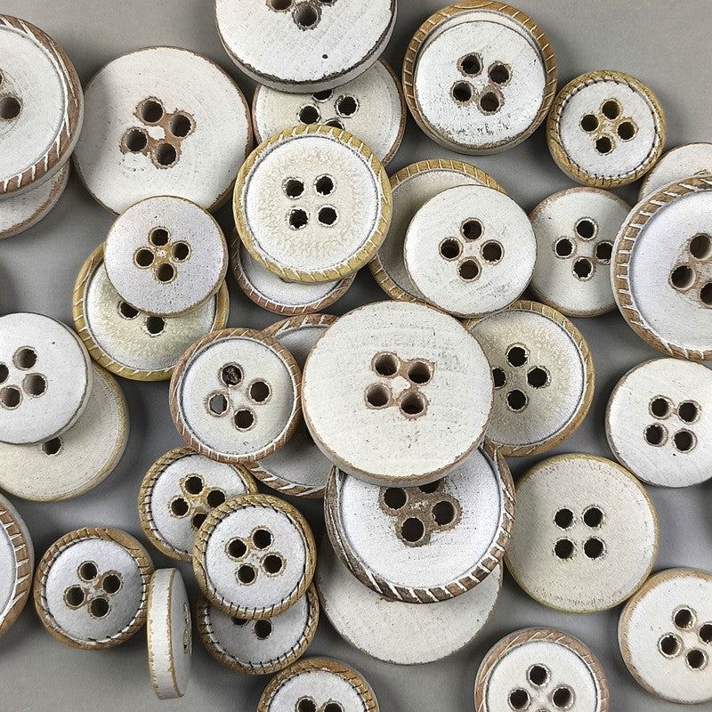 White Wood Vintage Distressed Round Flat 4-Hole Buttons – Set of 40