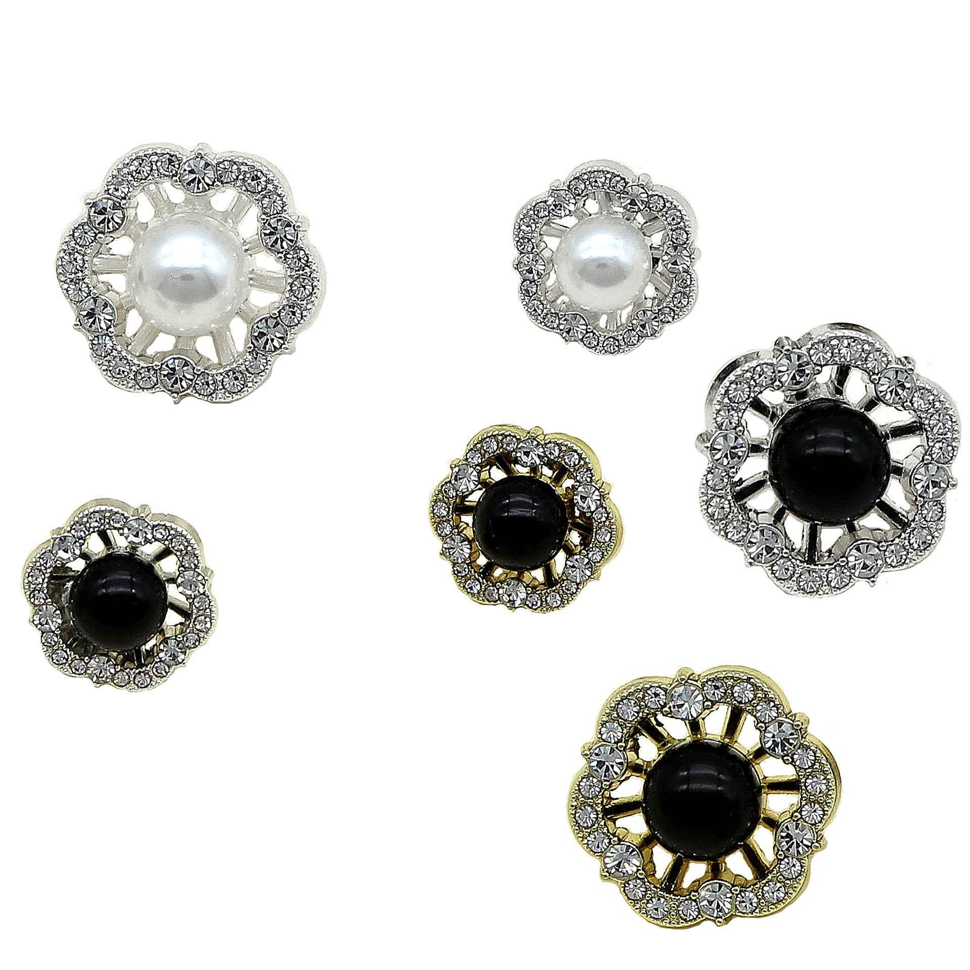 16mm/22mm Alloy Base Flower-Shaped Black White Pearl Buttons 48 Pack