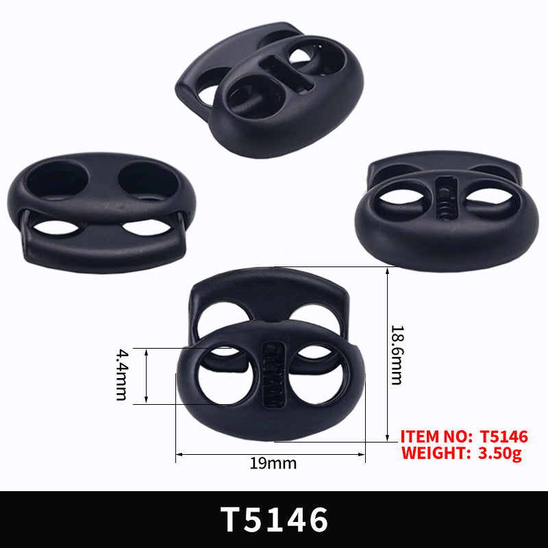 Black oval pig nose two-hole metal cord lock with spring mechanism for drawstrings