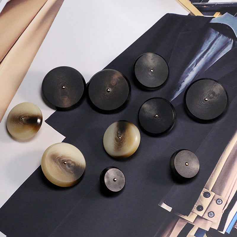 Round Flat Khaki/Black Resin Buttons with Alloy Shank - 50pcs