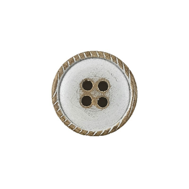 White round flat 4-hole wood button with distressed brown edge