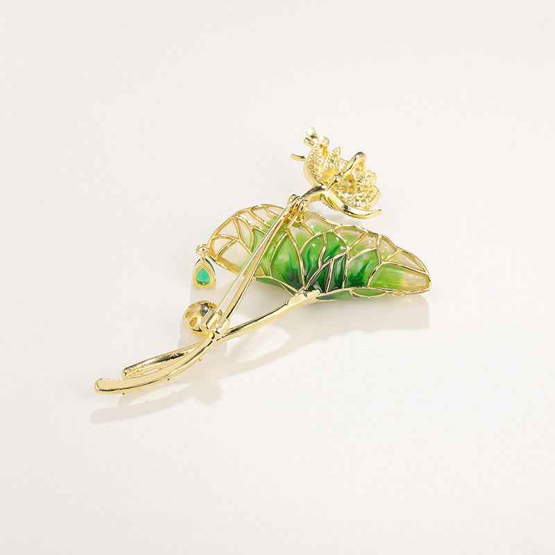 Light Green Enamel Lotus Leaf Pearl Waterdrop Zircon Brooch Pin