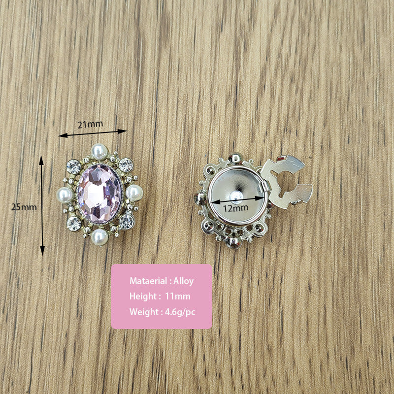 Baroque rhinestone snap-on button, pink-lilac oval faceted stone with pearl accents