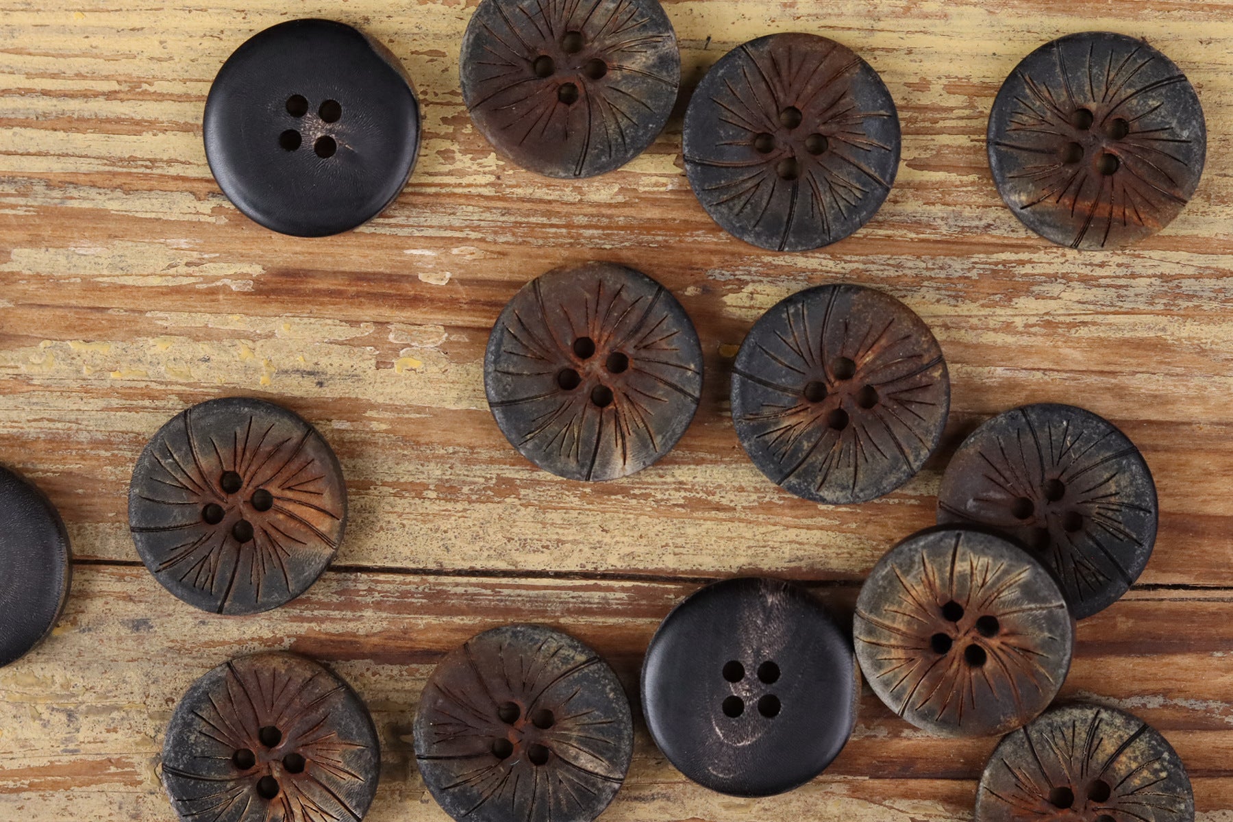 Black Charred Natural Buffalo Horn Round 4-Hole Plum Blossom Texture Buttons – Set of 20